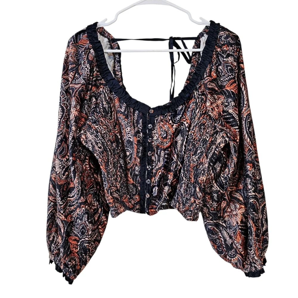 Free People Dare Me Velvet Paisley Cropped Ballon Sleeve Open Back Blouse